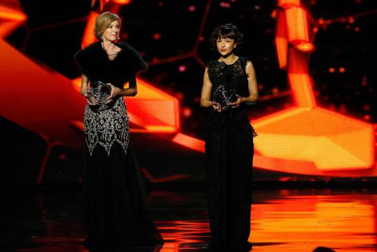 10 Nov 2014, Mountain View, California, USA --- Life Sciences laureates Jennifer A. Doudna (L) and Emmanuelle Charpentier (R) speak on stage during the 2nd annual Breakthrough Prize Awards at the NASA Ames Research Center in Mountain View, California November 9, 2014. REUTERS/Stephen Lam (UNITED STATES - Tags: ENTERTAINMENT SCIENCE TECHNOLOGY) --- Image by © STEPHEN LAM/Reuters/Corbis